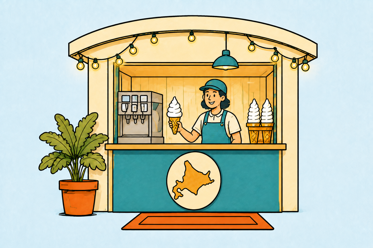 小さなミルクスタンドで店員がソフトクリームを手渡すイラスト